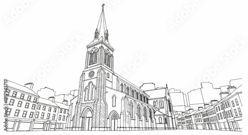 Ornate Gothic church with a tall spire, flanked by townhouses on a sunny day