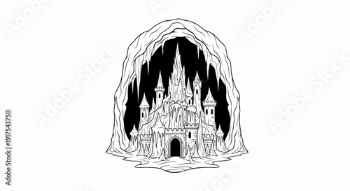 Ornate ice castle with spires and battlements, emerging from a frozen cave