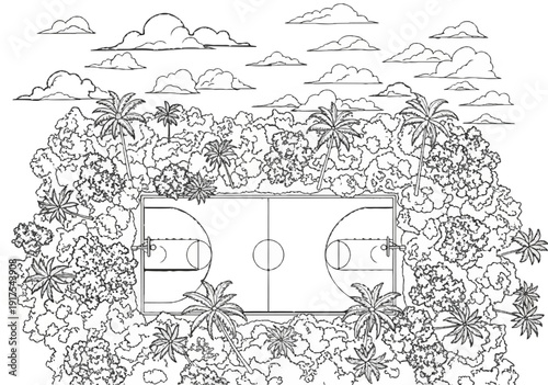 Overhead view of a basketball court surrounded by lush foliage and palm trees under a cloudy sky