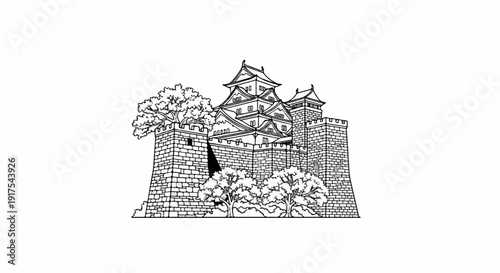 Ornate Japanese castle structure with traditional tiered roofs and surrounding stone walls