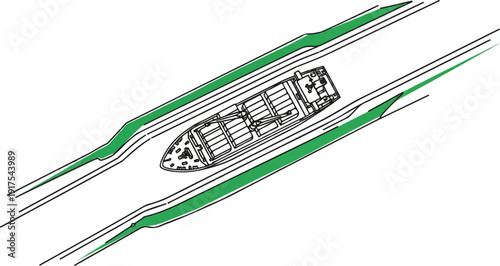 Overhead view of a cargo ship navigating a narrow waterway with green borders