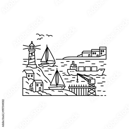 Serene Coastal Scene with Lighthouse, Boats, and Harbor in Minimalist Line Art