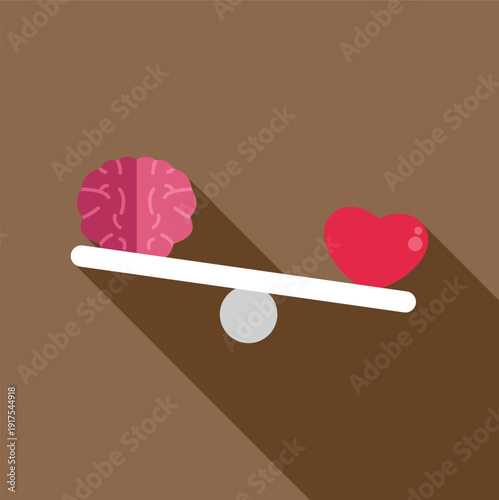 Brain and heart balancing on a seesaw, representing choice between logic and emotion