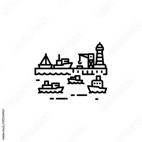 Stylized Line Drawing of a Coastal Harbor with Ships and Lighthouse