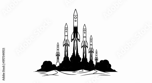 Multiple rockets ascending from a launchpad with plumes of smoke