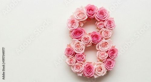 Number 8 made of pink roses on a white background, symbolizing International Womens Day.