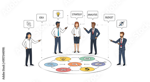 Business strategy discussion icon set. Includes brainstorming, planning, analysis, and development concepts. Created in modern flat style with colorful palette.