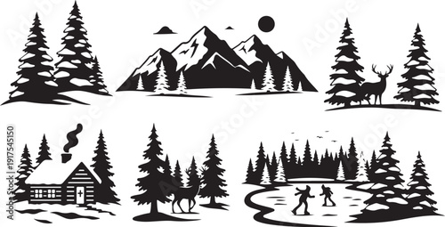 Winter landscape with mountains, trees, and wildlife silhouettes