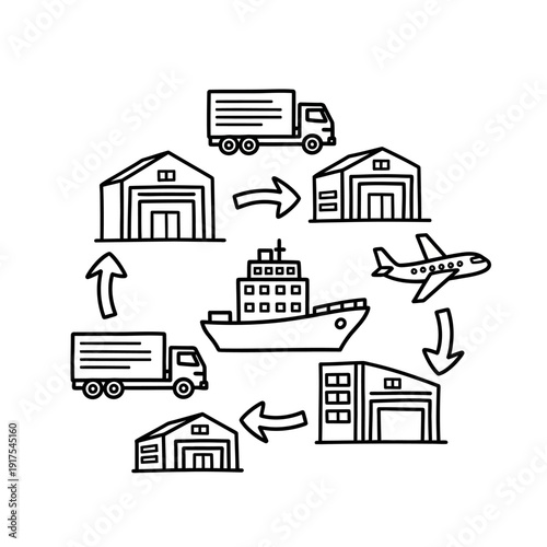Supply Chain Logistics Process with Vehicles and Warehouses Illustration