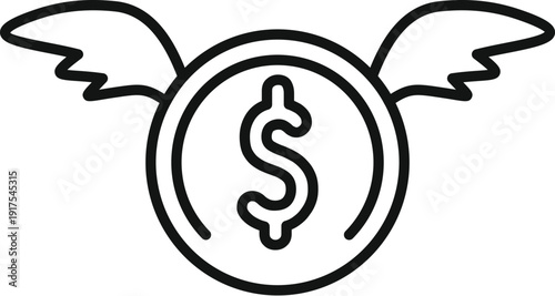 Dollar coin icon flying away on white background representing financial loss