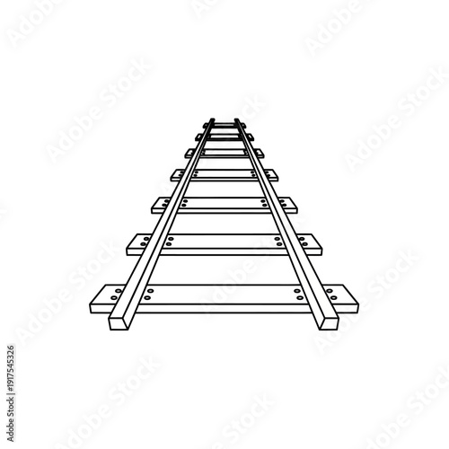 Railway Track Perspective View with Structural Elements on White Background