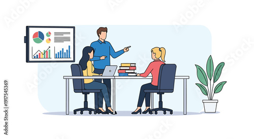 Vector illustration of three people working together in an office with a laptop and books on a desk.