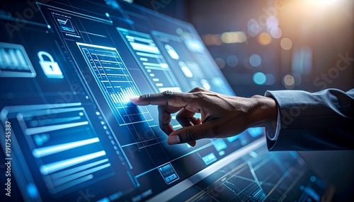 African American executive touching a glowing blue digital screen interface displaying big data analysis charts and cybersecurity protection features . perfect any project.