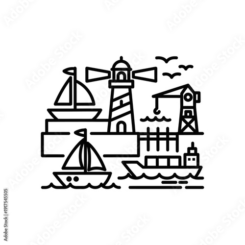 Seaside Harbor Scene Featuring Sailing Boat Lighthouse and Coastal Elements