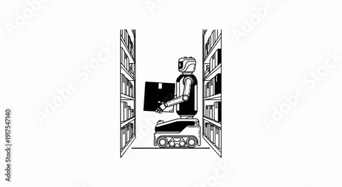 Robot carrying box between library shelves