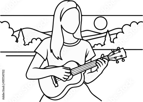 Person plays a ukulele against a backdrop of hills and clouds