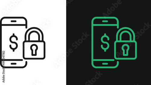 Mobile phone security icons illustrating financial transactions and data protection concepts displayed on contrasting backgrounds
