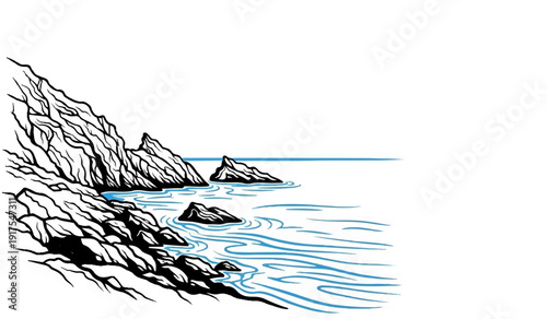 Rocky coastline with blue water and waves