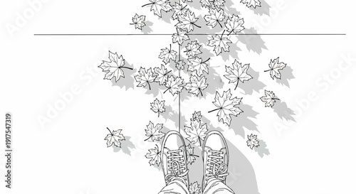 Overhead view of feet in sneakers amidst scattered autumn leaves and shadows
