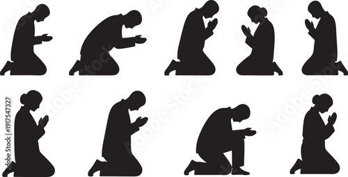 Silhouette of people kneeling in prayer on white background