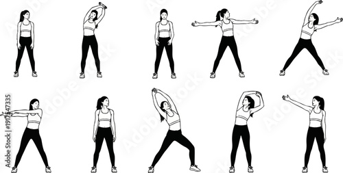 Silhouette of a woman performing various stretching exercises on a white background