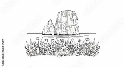 Rocky sea stacks rise from water, bordered by vibrant wildflowers