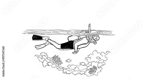 Person snorkeling over coral reef with fish swimming nearby