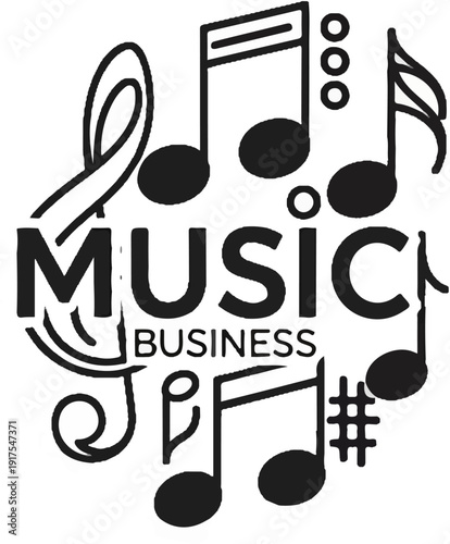 Musical notes encircle bold text "MUSIC BUSINESS" in a graphic design
