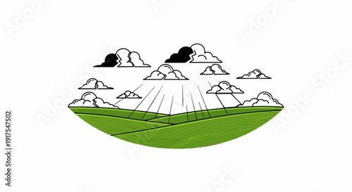 Rolling green hills under a partly cloudy sky with rays of light