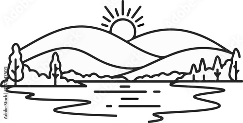 Rolling hills, trees, and water under a stylized sun