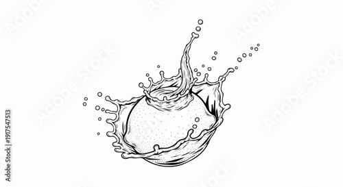 Pen and ink illustration of a citrus fruit with liquid splashing