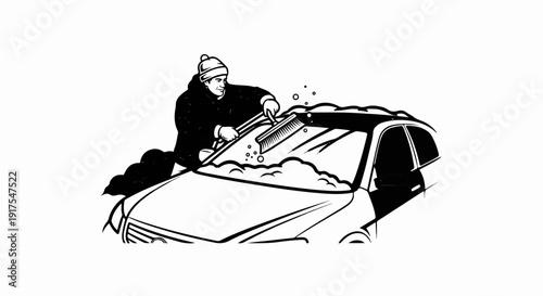 Person wearing a winter hat and jacket brushes snow from a car's windshield