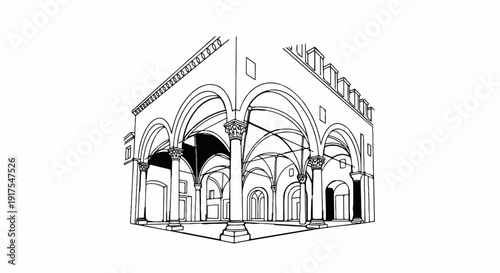 Pen and ink sketch of a cloister with arches, columns, and vaulted ceilings