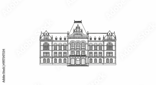 Ornate, multi-story historic building drawing with many windows and a central tower
