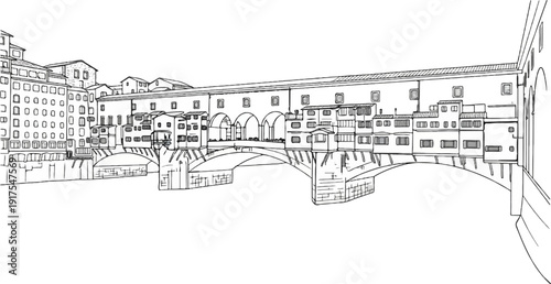 Pen and ink sketch of a historic bridge with buildings lining its sides over water