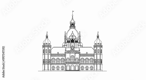 Ornate neoclassical building with domes and spires, detailed line drawing