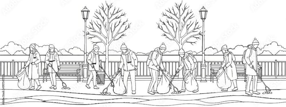 Obraz premium People cleaning a park in winter, collecting litter in bags