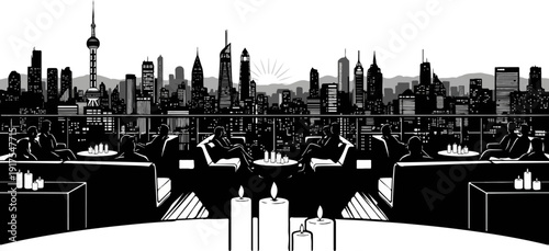 Rooftop gathering with city skyline and candles at sunset