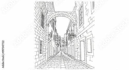 Narrow cobblestone street lined with stone buildings and arched passage