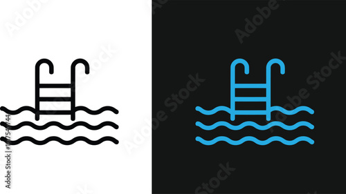 A simple illustration of a pool ladder standing in water against a plain background from a straight-on viewpoint