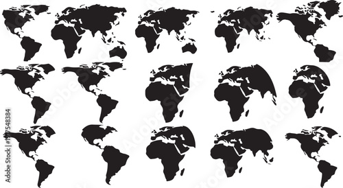 Multiple Black and White World Maps on White Background