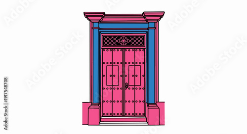 Ornate pink double doors with blue trim and decorative panel