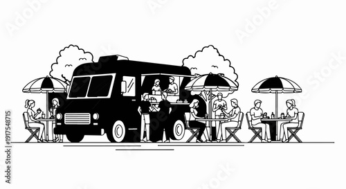 People dine outdoors at tables under umbrellas next to a food truck