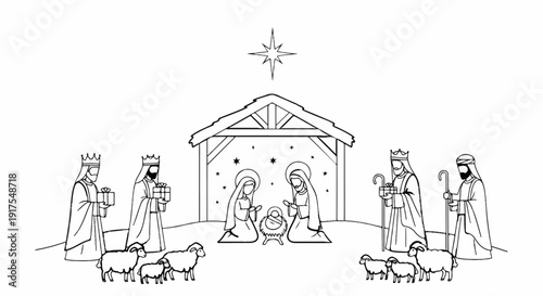 Nativity scene with shepherds, wise men, Mary, Joseph, and baby Jesus under a star