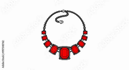 Ornate silver chain necklace adorned with large faceted red gemstones