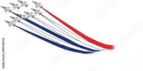 Nine jet fighters soar across white background leaving red and blue trails