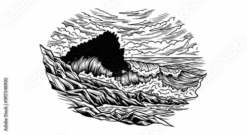 Rough waves crash against rocky shore under dramatic clouds
