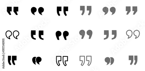 Set of various quotation mark icons in different styles and shapes, perfect for graphic design, block quotes, and typography