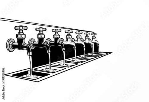 Row of active faucets with water flowing into sinks