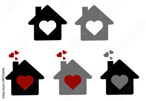 Set of house icons with heart symbols and heart-shaped smoke, featuring various black, grey, and red color combinations